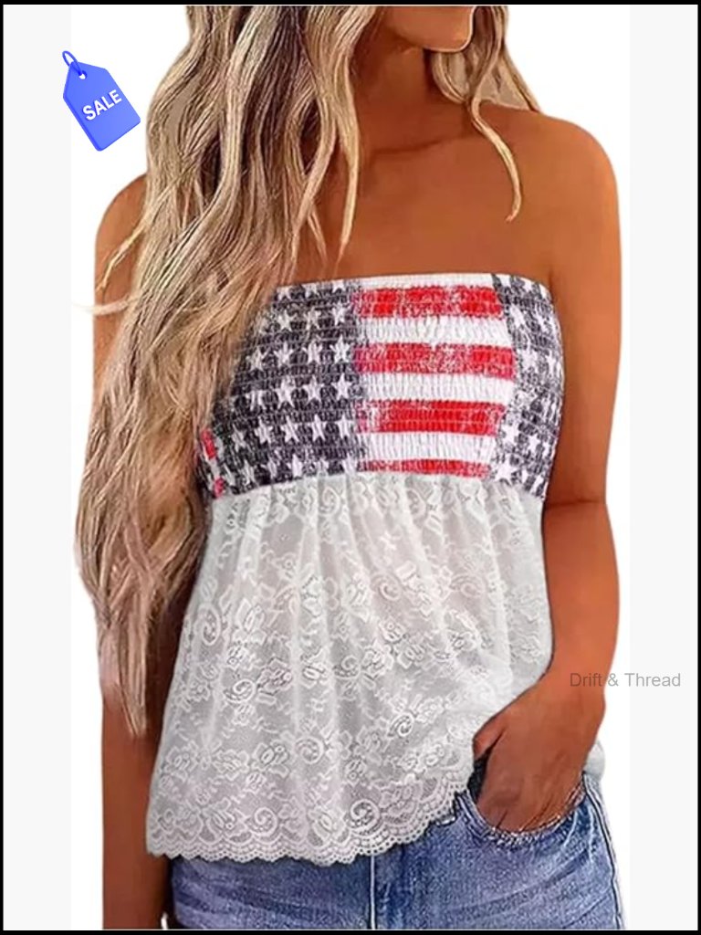 Strapless Bandeau Tank Top Usa Flag Smocked Tube Top Casual Summer